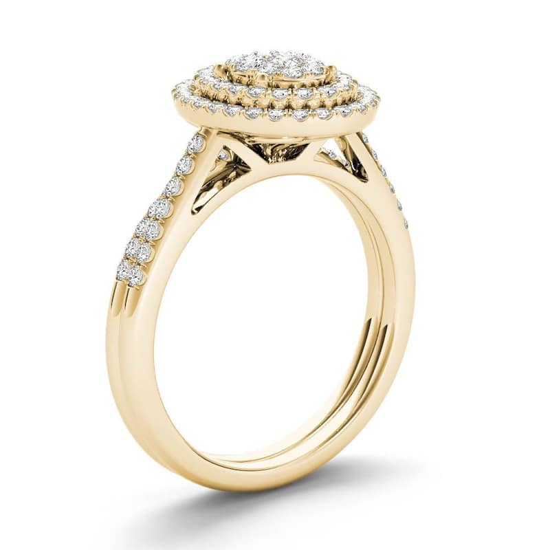 De Couer IGI Certified 10k Yellow Gold 1/2ct TDW Oval Shaped Cluster Halo Bridal Set