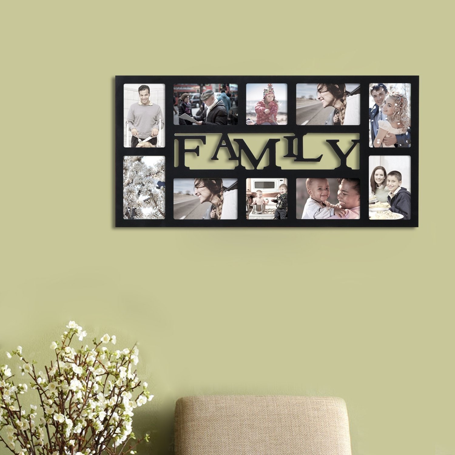 Adeco Decorative Black Wood Wall Hanging Collage Picture Photo Frame, 12 Opening