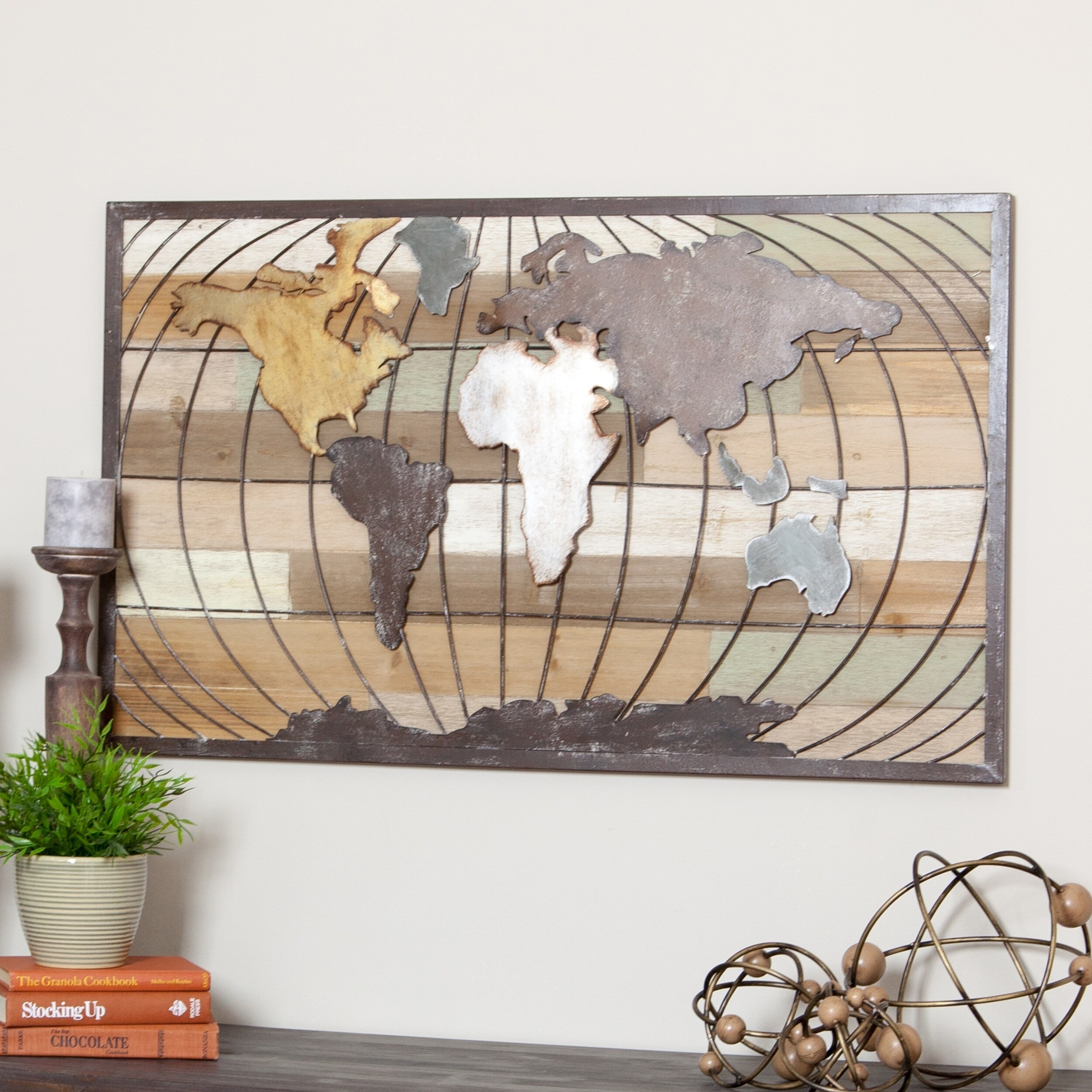 World Map Wood Wall Hanging Distressed Metal Accent Home Office Decor Display 