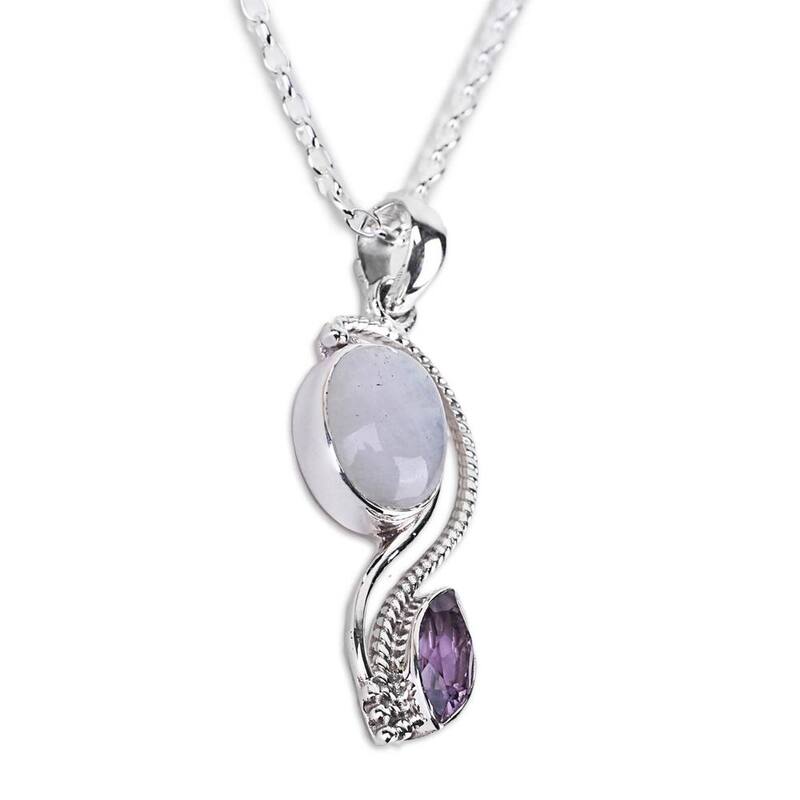 Handmade Sterling Silver 'Colorful Curves' Amethyst Rainbow Moonstone Necklace (India)