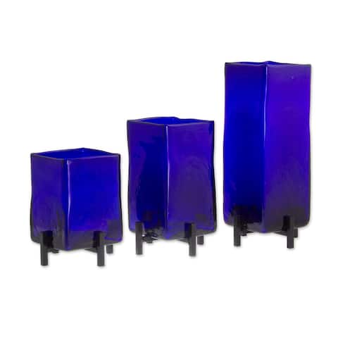 NOVICA Handmade Blown Blue Hurricane Glass Vases, Set of 3 (Mexico)