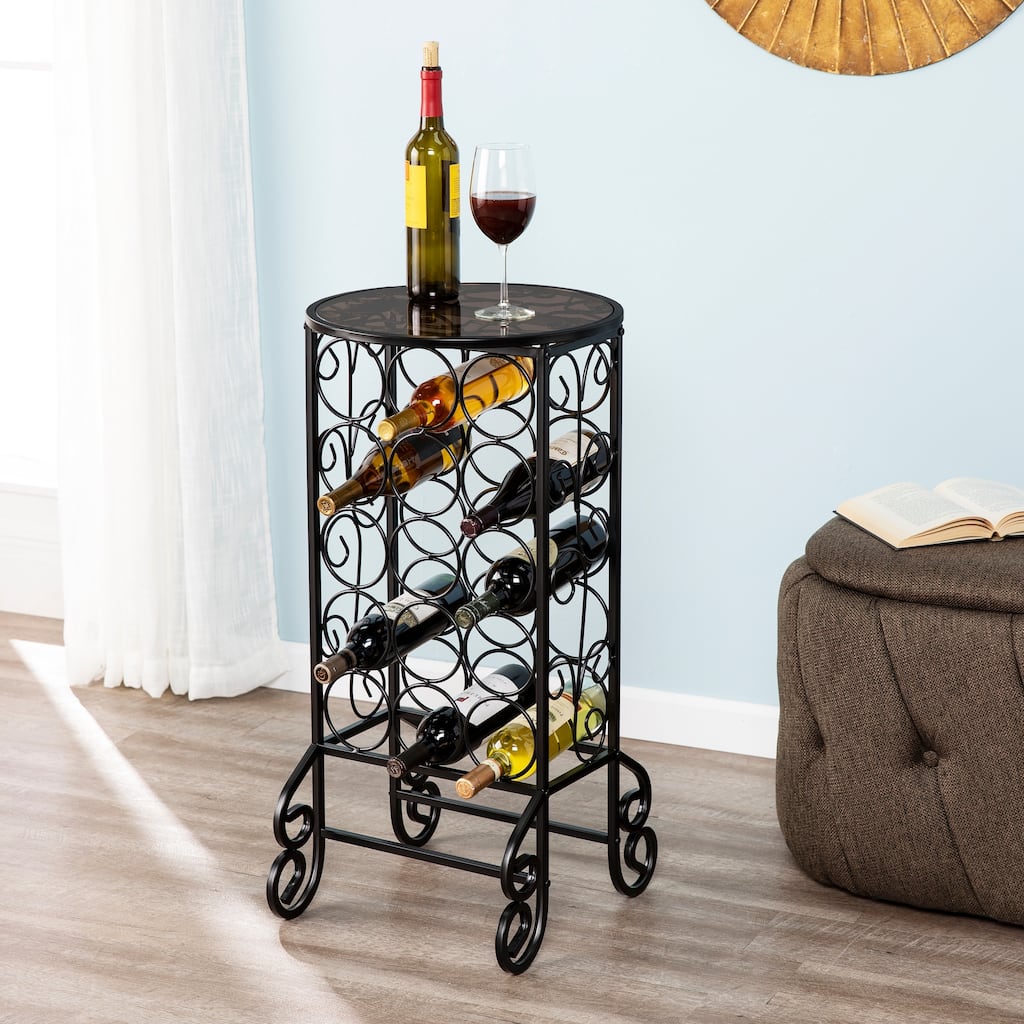 SEI Furniture Glass-topped Black Iron Wine Table Rack