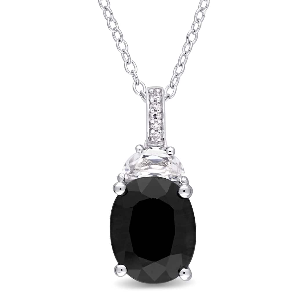 Miadora Sterling Silver Black Sapphire Created White Sapphire and Diamond Accent Teardrop Dangle Necklace (G-H, I2-I3)