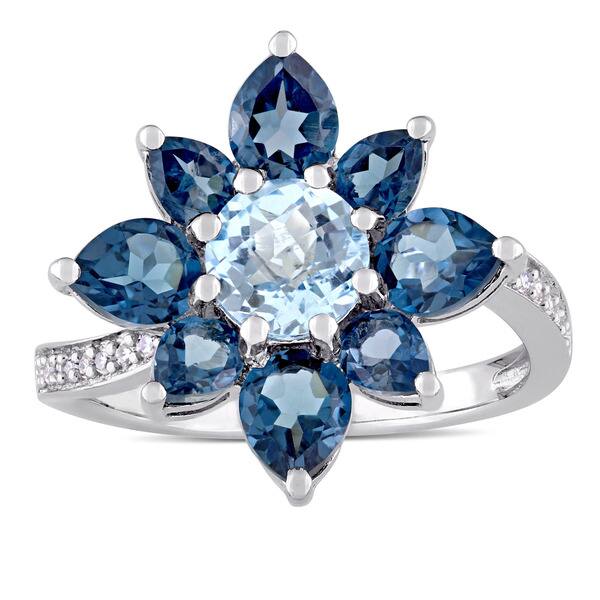 slide 1 of 6, Laura Ashley London and Sky Blue Topaz with 1/10ct TDW Diamond Flower Ring in Sterling Silver (G-H,