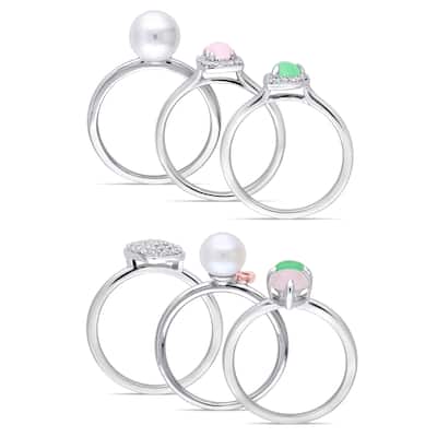 Miadora White and Rose Plated Sterling Silver Pink Green Dyed Quartz White Topaz Pearl Diamond Ring
