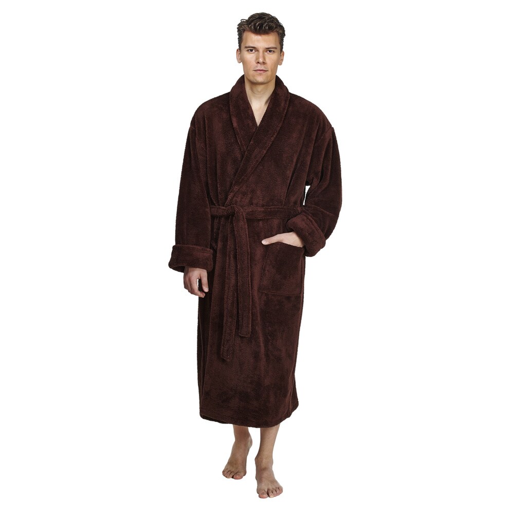 FashGudim Mens Hooded Robe Plush Shawl Collar Kimono Bathrobe Soft Warm Flannel Fleece Spa Robes House Coat Pajamas