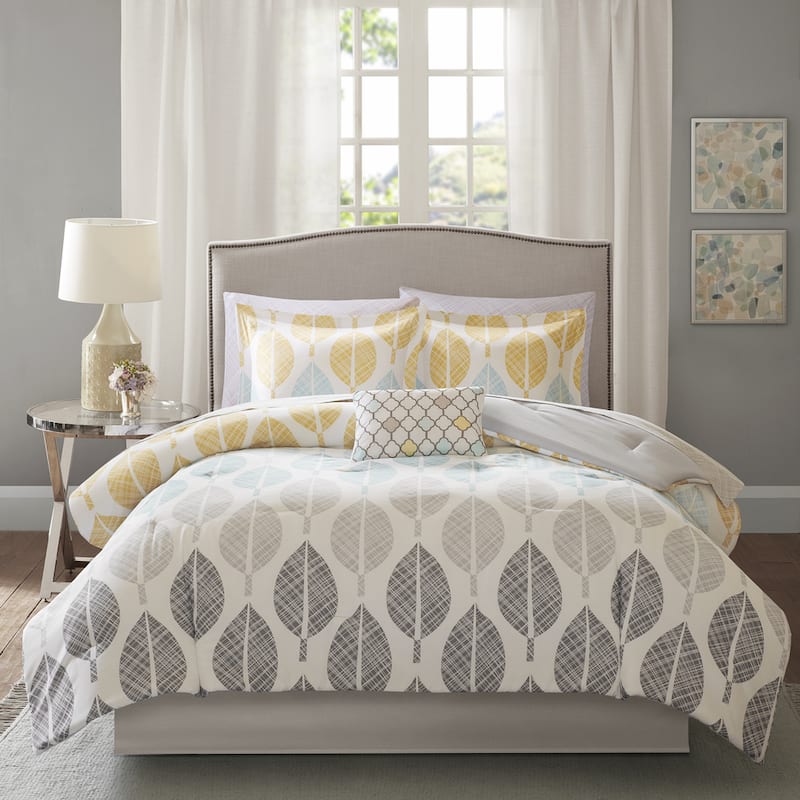Madison Park Essentials Pelham Bay Yellow/Aqua 9 Piece Comforter Set with Cotton Bed Sheets - Queen