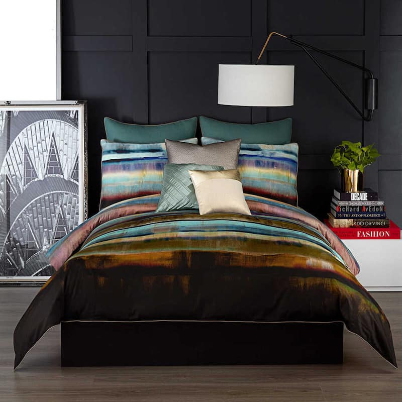 Vince Camuto Lille Striped Green and Gold Duvet Cover Set