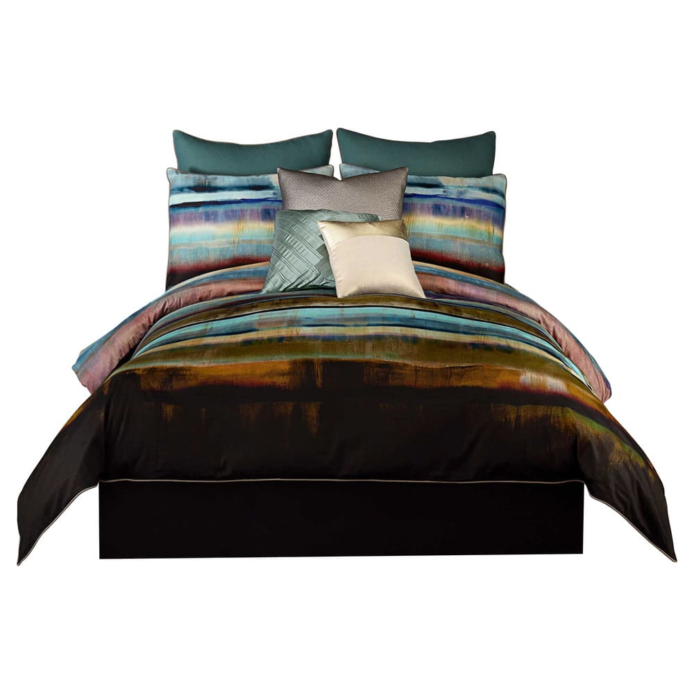 Vince Camuto Lille Striped Green and Gold Duvet Cover Set