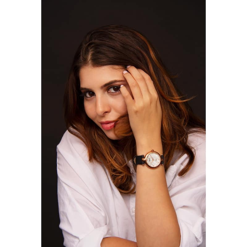 Burgi Women's Dazzling Diamond Rose-Tone Dial Black Leather Strap Watch