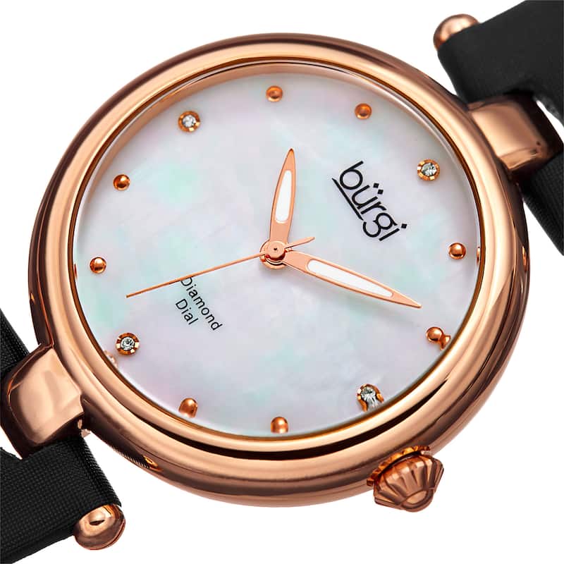 Burgi Women's Dazzling Diamond Rose-Tone Dial Black Leather Strap Watch