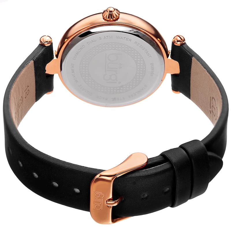 Burgi Women's Dazzling Diamond Rose-Tone Dial Black Leather Strap Watch