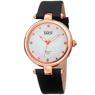 Burgi Women's Dazzling Diamond Rose-Tone Dial Black Leather Strap Watch