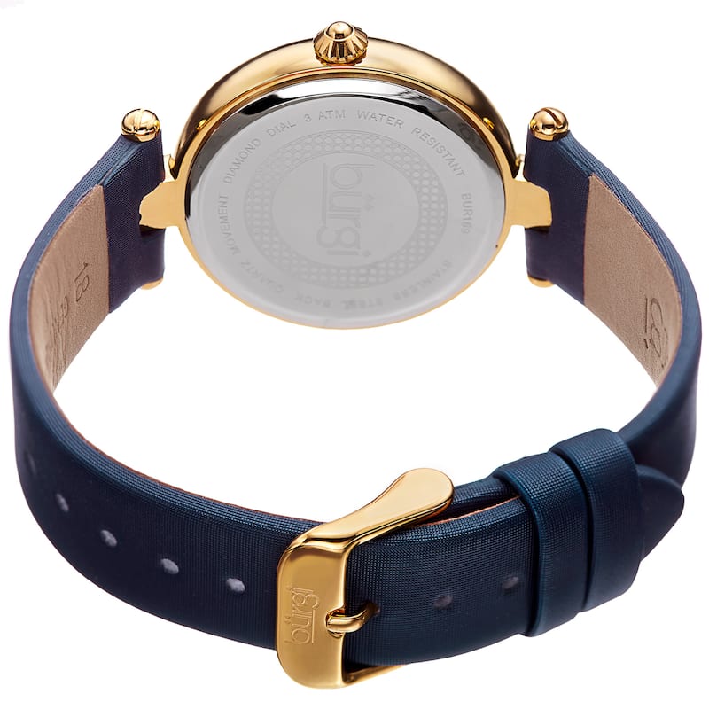 Burgi Women's Dazzling Diamond Gold-Tone Dial Blue Leather Strap Watch
