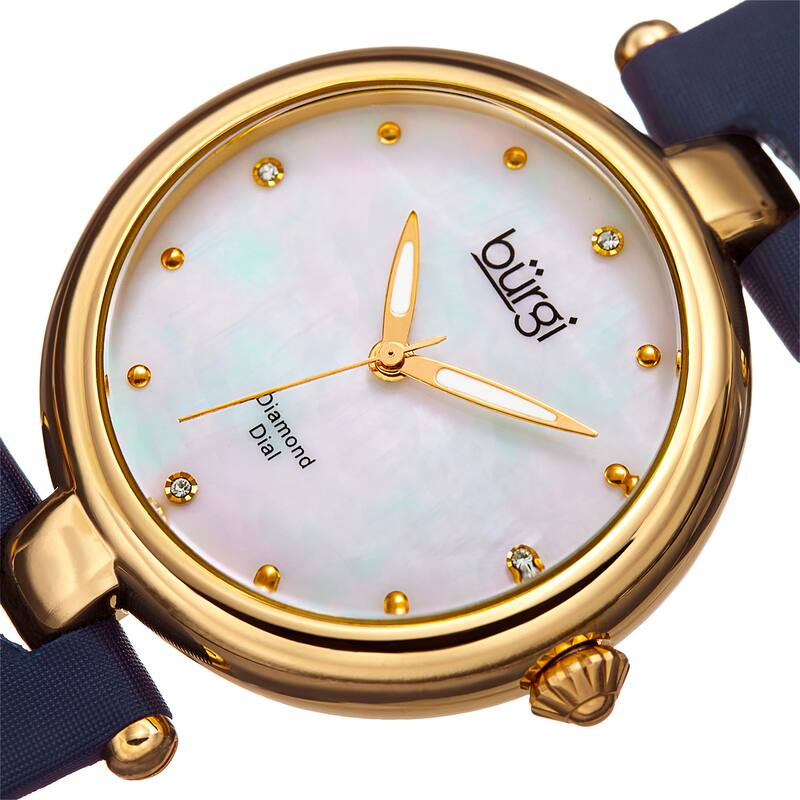 Burgi Women's Dazzling Diamond Gold-Tone Dial Blue Leather Strap Watch