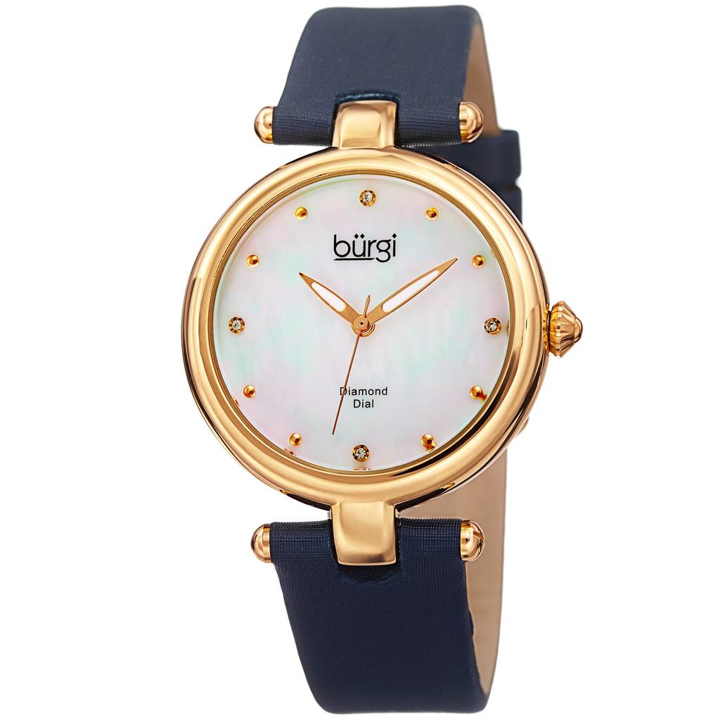Burgi Women's Dazzling Diamond Gold-Tone Dial Blue Leather Strap Watch