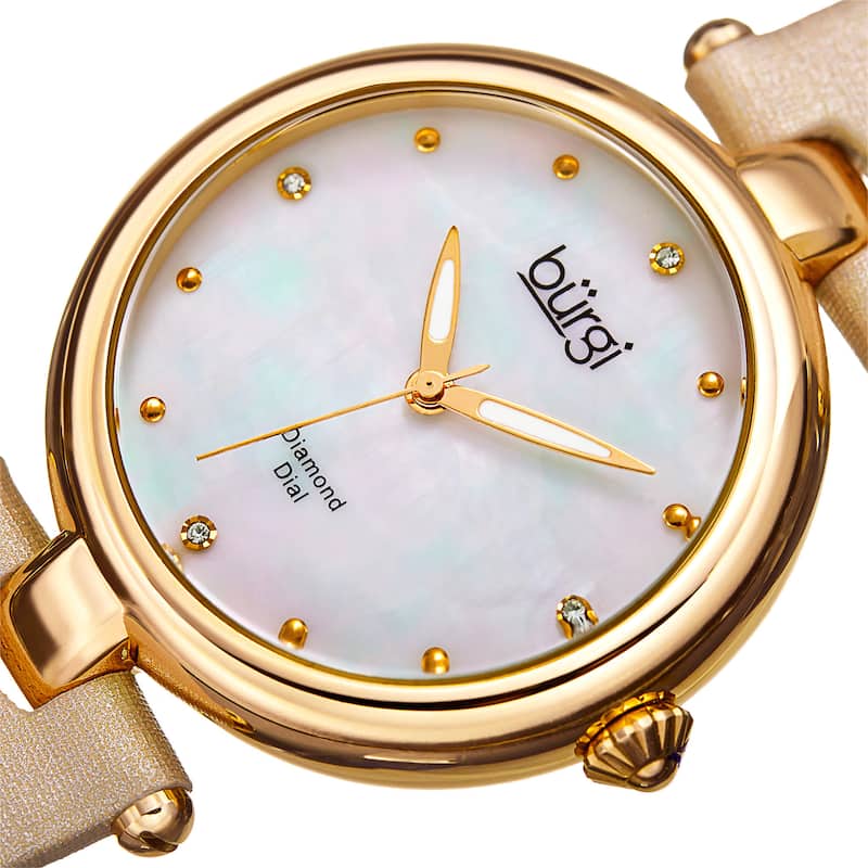 Burgi Women's Dazzling Diamond Gold-Tone Dial Cream Leather Strap Watch