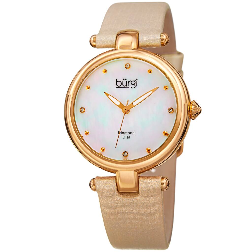Burgi Women's Dazzling Diamond Gold-Tone Dial Cream Leather Strap Watch