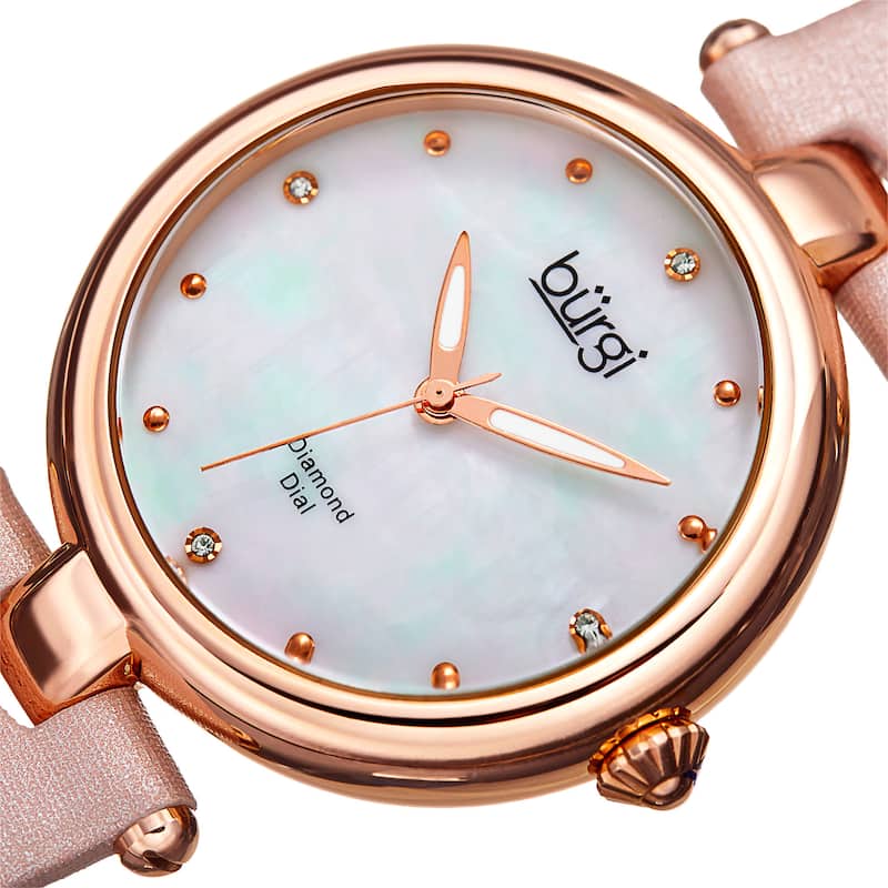 Burgi Women's Dazzling Diamond Rose-Tone Dial Pink Leather Strap Watch