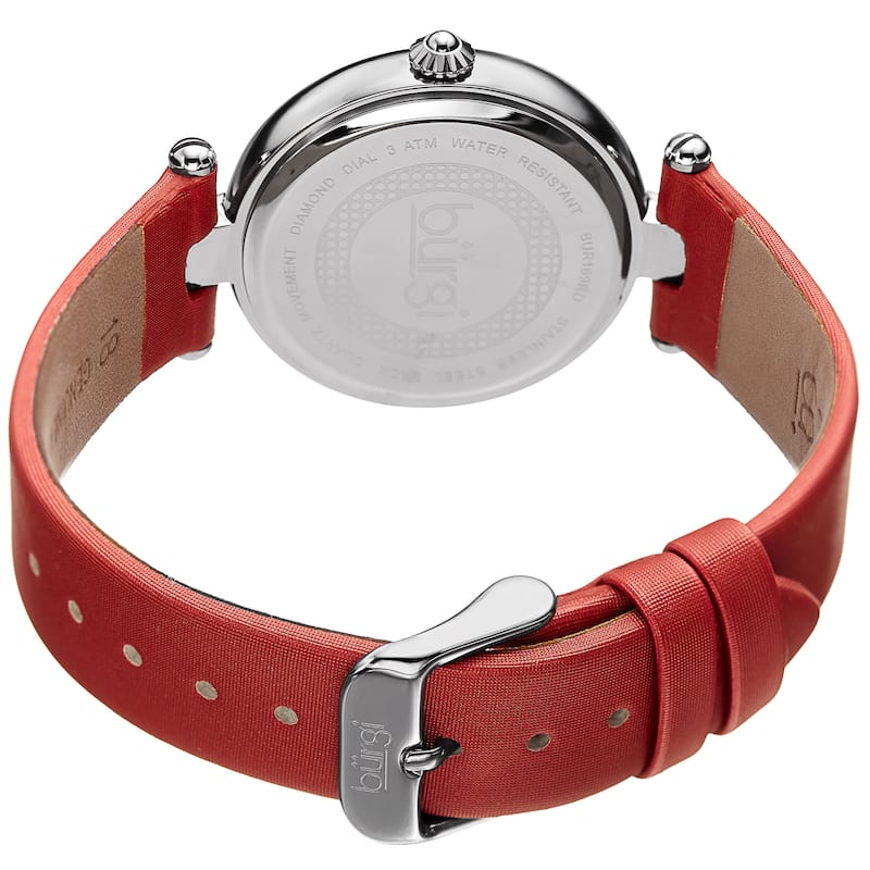 Burgi Women's Dazzling Diamond Silver-Tone Dial Red Leather Strap Watch