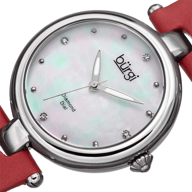Burgi Women's Dazzling Diamond Silver-Tone Dial Red Leather Strap Watch