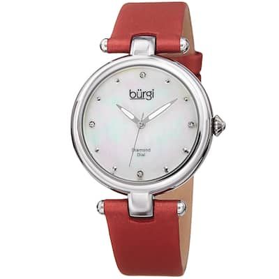 Burgi Women's Dazzling Diamond Silver-Tone Dial Red Leather Strap Watch