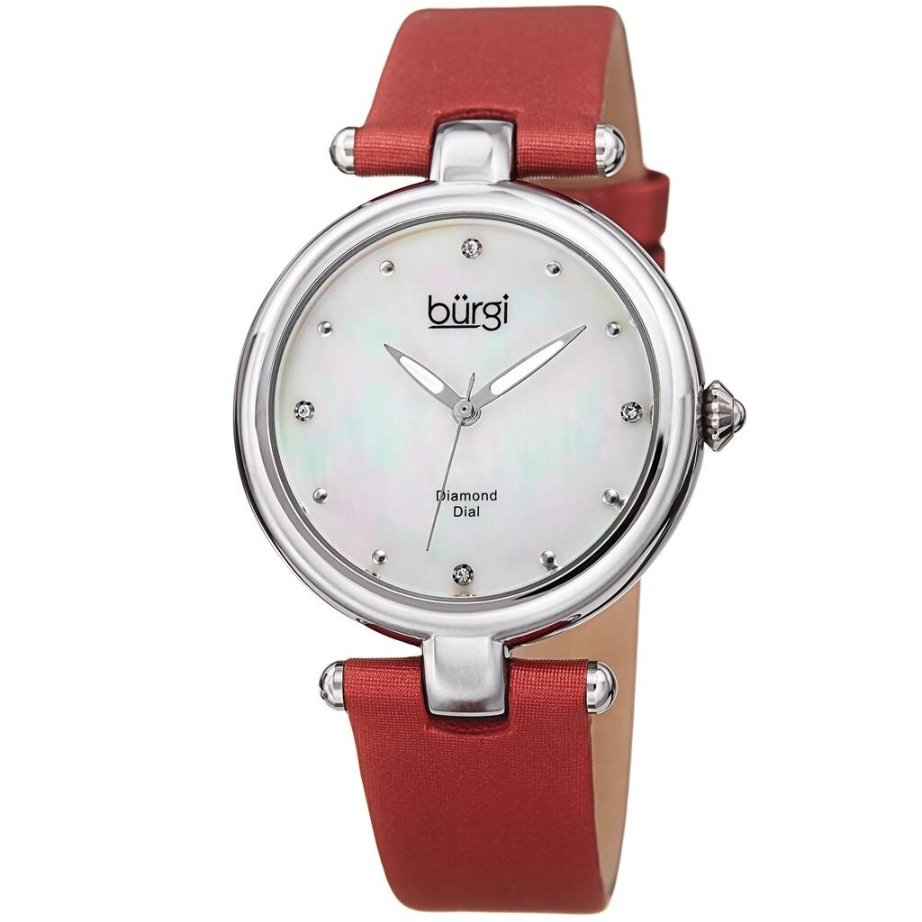 Burgi Women's Dazzling Diamond Silver-Tone Dial Red Leather Strap Watch