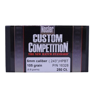 Nosler 6mm Bullets Custom Competition, 105 Grains,. Hollow Point Boat Tail, Per 250