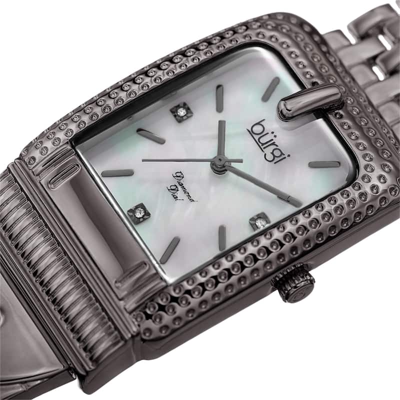 Burgi Women's Diamond Dial Rectangular Buckle Design Dimpled Grey Bracelet Watch