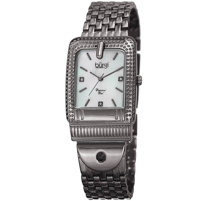 Burgi Women's Diamond Dial Rectangular Buckle Design Dimpled Grey Bracelet Watch