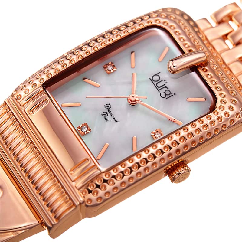 Burgi Women's Diamond Dial Rectangular Buckle Design Dimpled Rose-Tone Bracelet Watch