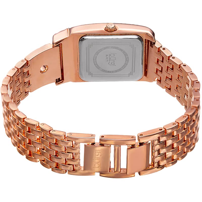 Burgi Women's Diamond Dial Rectangular Buckle Design Dimpled Rose-Tone Bracelet Watch