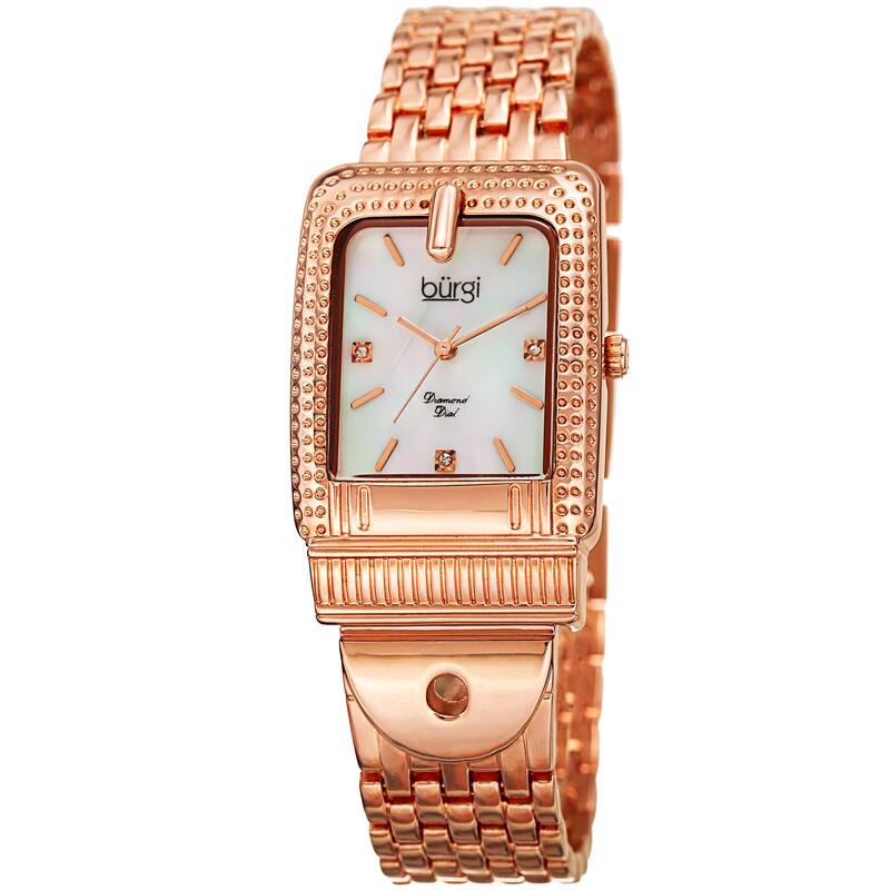 Burgi Women's Diamond Dial Rectangular Buckle Design Dimpled Rose-Tone Bracelet Watch