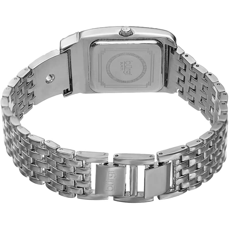 Burgi Women's Diamond Dial Rectangular Buckle Design Dimpled Silver-Tone Bracelet Watch
