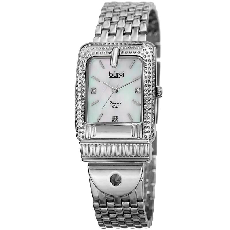 Burgi Women's Diamond Dial Rectangular Buckle Design Dimpled Silver-Tone Bracelet Watch