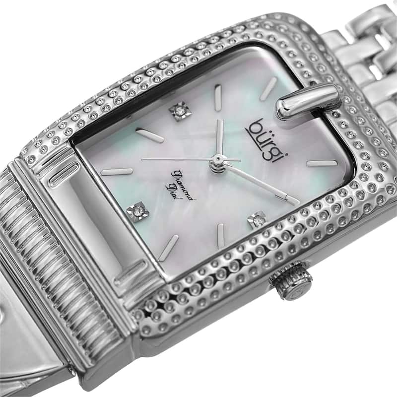 Burgi Women's Diamond Dial Rectangular Buckle Design Dimpled Silver-Tone Bracelet Watch