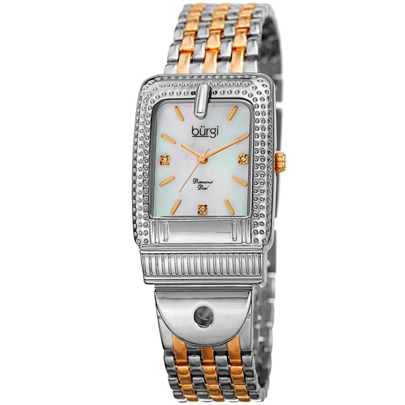 Burgi Women's Diamond Dial Rectangular Buckle Design Dimpled Two-Tone Bracelet Watch