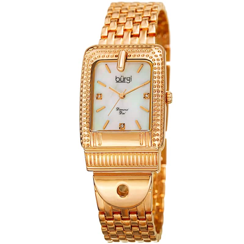 Burgi Women's Diamond Dial Rectangular Buckle Design Dimpled Two-Tone Bracelet Watch