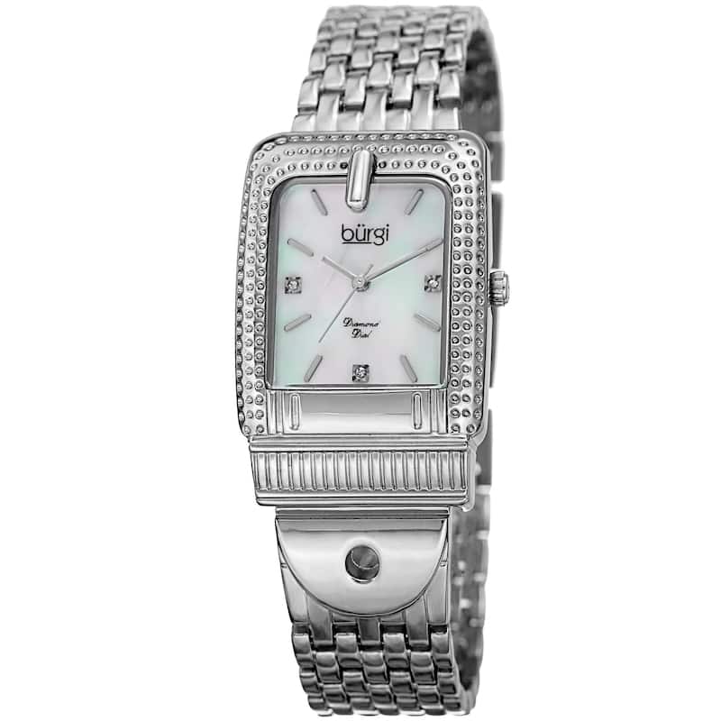 Burgi Women's Diamond Dial Rectangular Buckle Design Dimpled Two-Tone Bracelet Watch