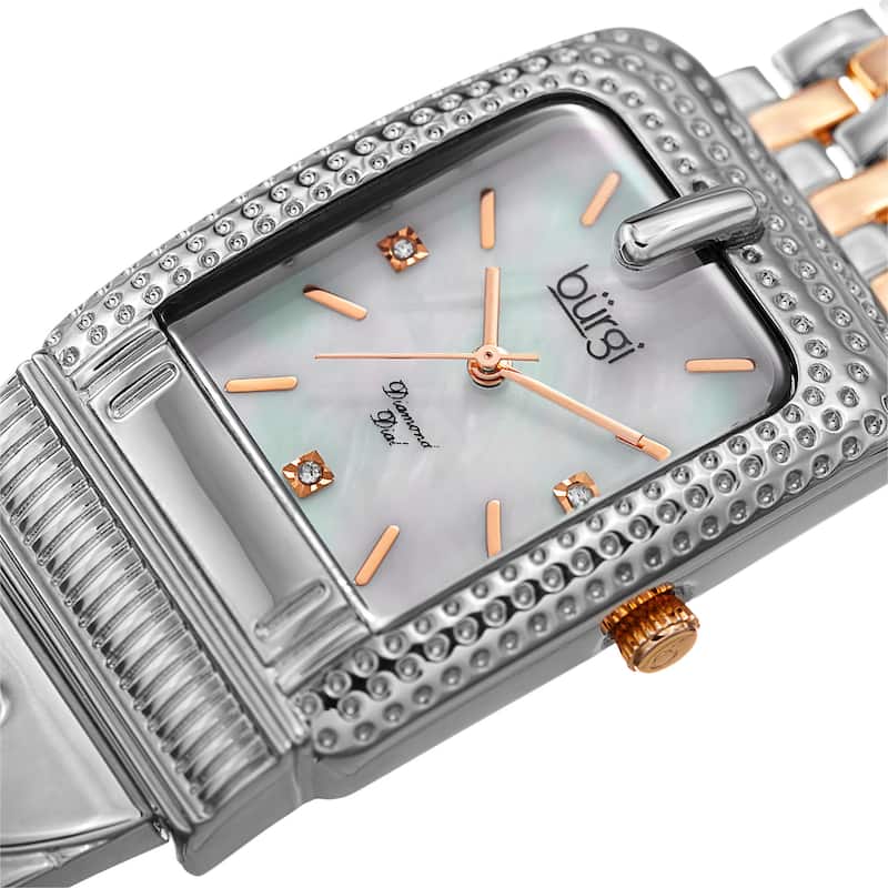 Burgi Women's Diamond Dial Rectangular Buckle Design Dimpled Two-Tone Bracelet Watch