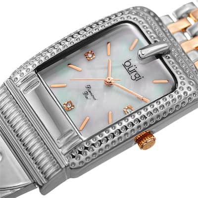 Burgi Women's Diamond Dial Rectangular Buckle Design Dimpled Two-Tone Bracelet Watch