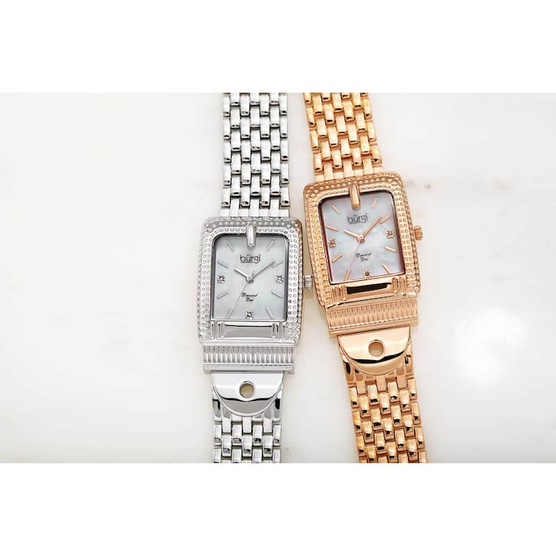 Burgi Women's Diamond Dial Rectangular Buckle Design Dimpled Two-Tone Bracelet Watch