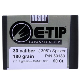 Nosler 30 Caliber Bullets E-Tip, 180 Grains, Spitzer Boat Tail Lead Free, Per 50