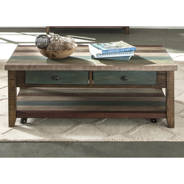 Boho Loft Rustic Multi Colored Rectangular Coffee Table W Casters Free Shipping Today