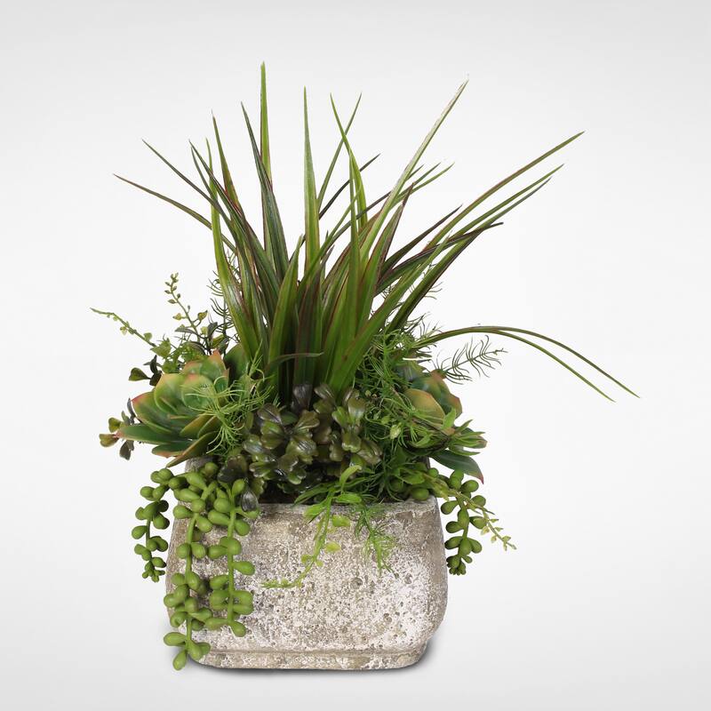 Artificial Succulent Variety in Stone Pot - Green