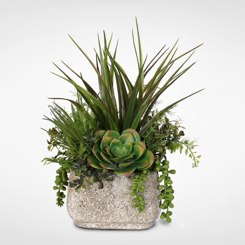 Artificial Succulent Variety in Stone Pot - Green