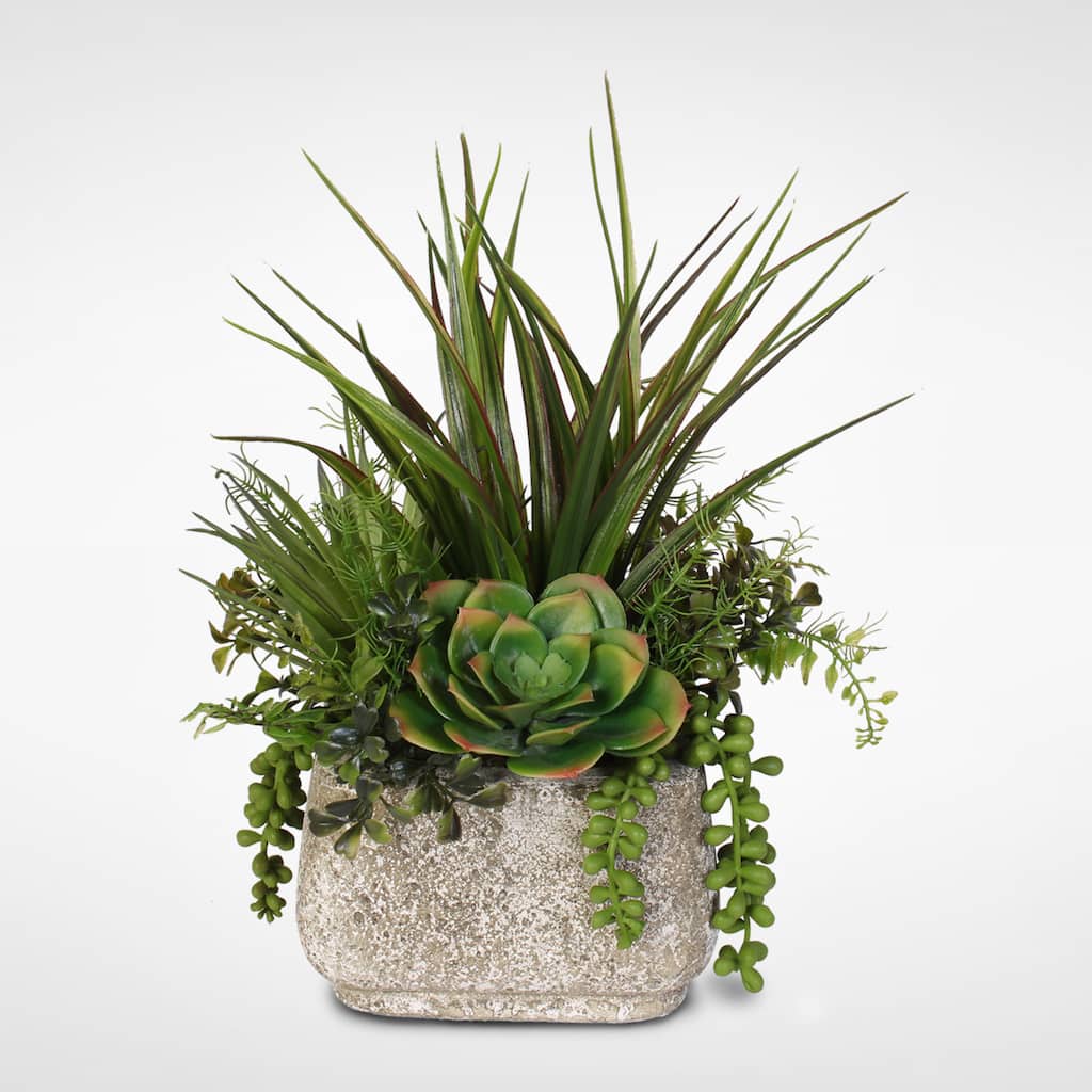 Artificial Succulent Variety in Stone Pot - Green