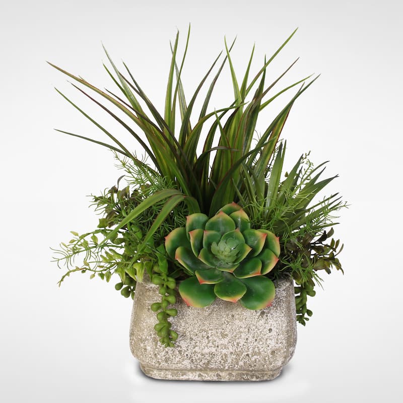 Artificial Succulent Variety in Stone Pot - Green