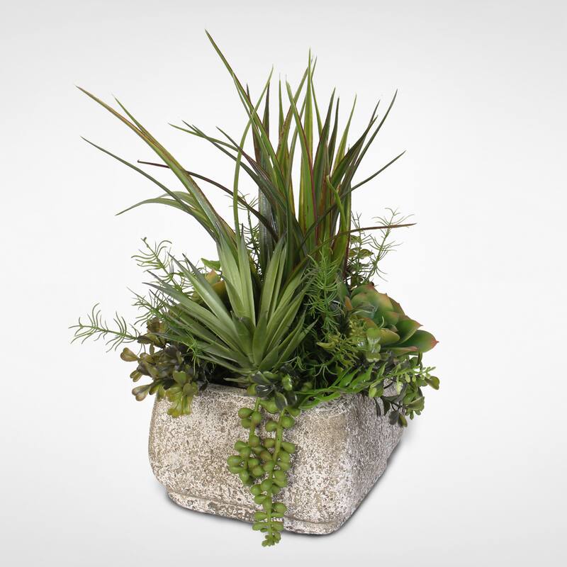 Artificial Succulent Variety in Stone Pot - Green
