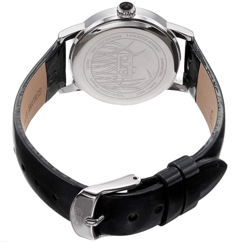 Burgi Women's Diamond Reed Design Dial Silver-Tone/ Black Leather Strap Watch